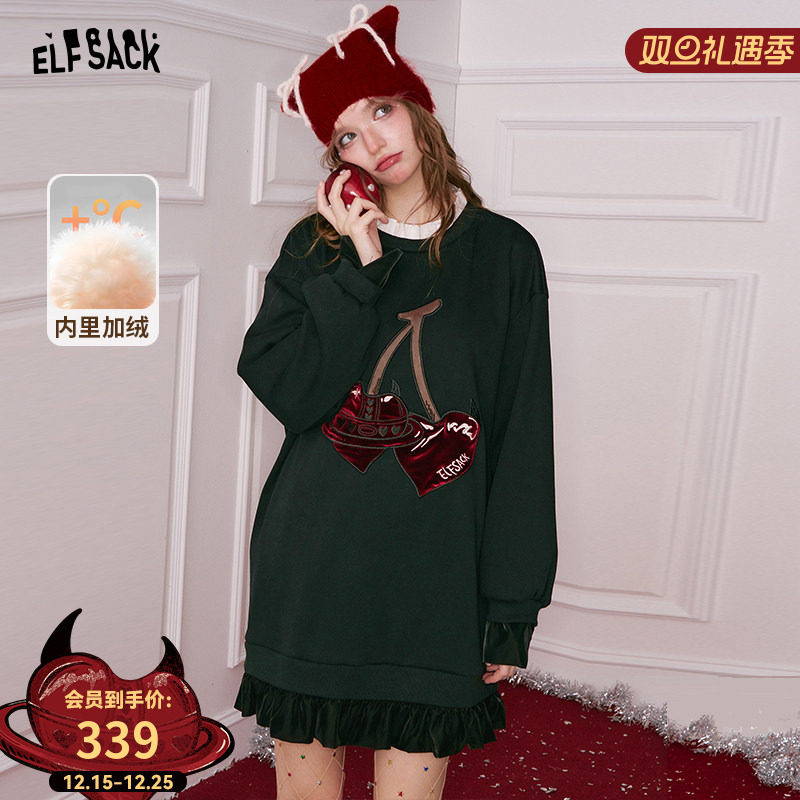 妖精的口袋樱桃假两件宽松连衣裙女2025年冬季新款甜美圣诞小黑裙