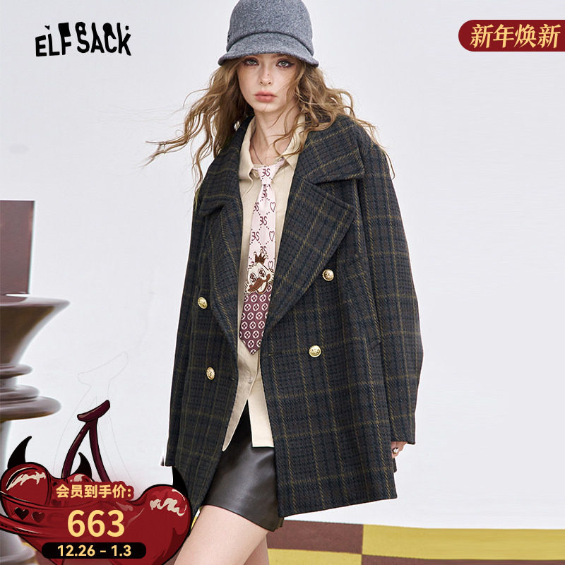 妖精的口袋复古格纹大翻领毛呢外套女2025年冬季新款双排扣呢大衣
