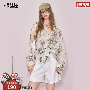 休闲通勤空调衫 妖精 新款 女2025年夏季 口袋原创满印宽松蕾丝衫