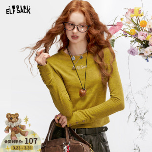 显瘦百搭打底衫 妖精 t恤女2026早春新款 长袖 上衣 口袋姜黄色修身