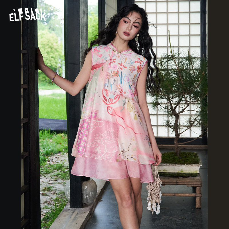 妖精的口袋新中式花卉无袖雪纺连衣裙女2026夏季新款粉色背心裙子