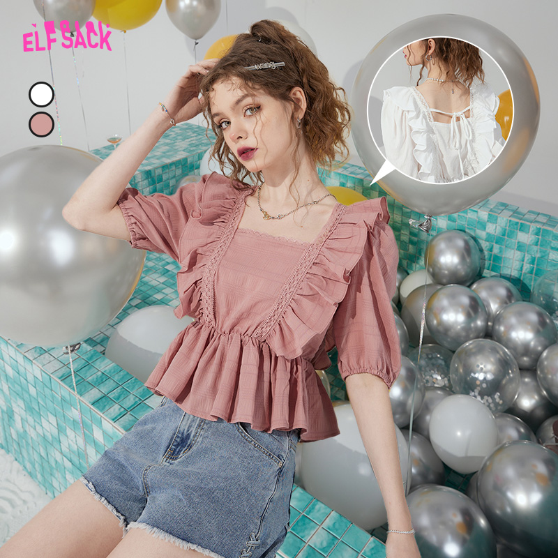 妖精的口袋法式短袖蕾丝雪纺衫女2023夏季新款荷叶边设计感上衣
