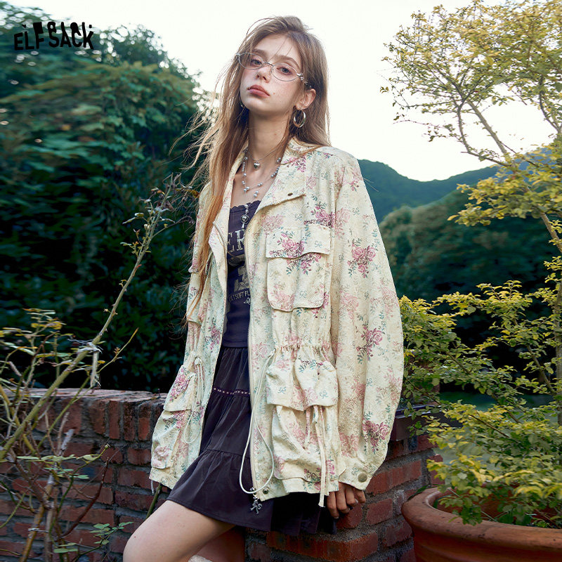 妖精的口袋宫廷风花卉满印蕾丝风衣女2026秋新款收腰抽绳工装外套