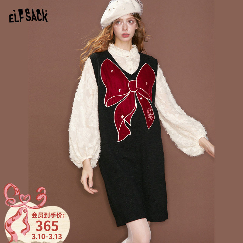 妖精的口袋丝绒蝴蝶结雪纺拼接连衣裙女2026年春秋新款甜美假两件