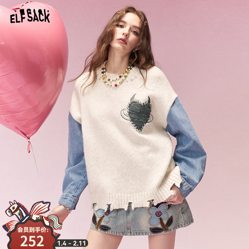 妖精的口袋复古牛仔拼接新年毛衣女2025冬季新款绵羊毛慵懒高级感
