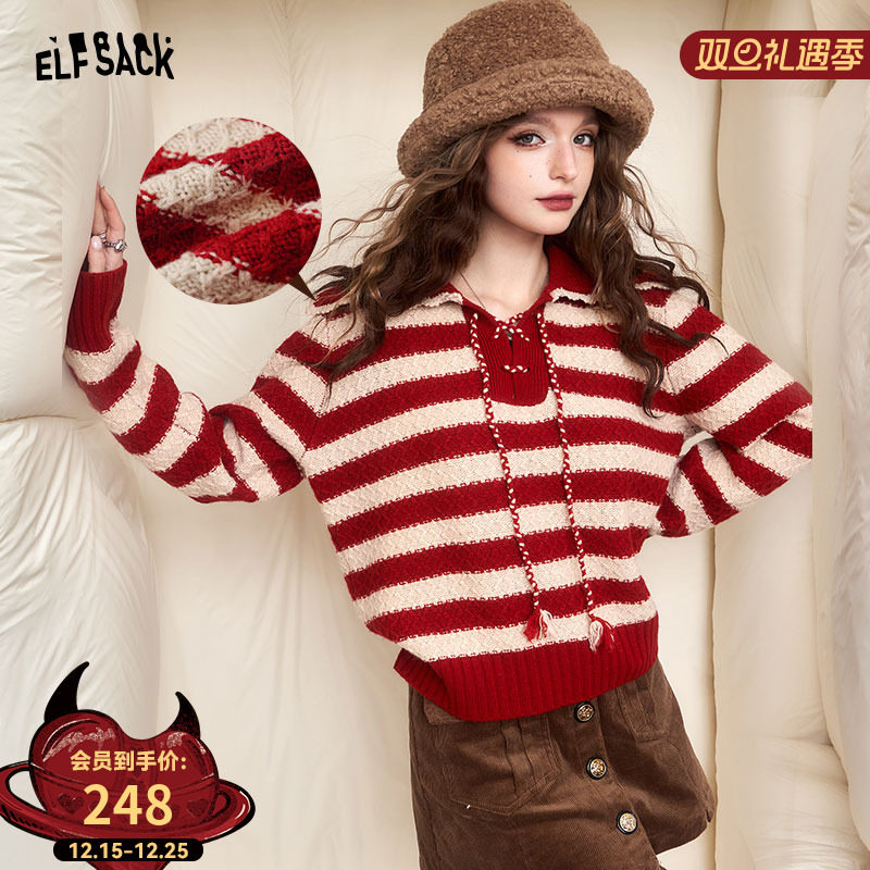 妖精的口袋红色条纹慵懒风毛衣女2025年冬季新款显瘦上衣圣诞穿搭
