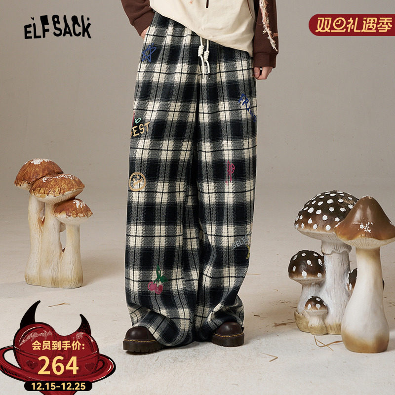 妖精的口袋涂鸦格子休闲裤女2025年秋冬新款慵懒风宽松阔腿裤子