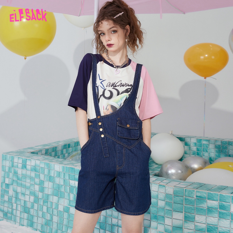妖精的口袋牛仔背带裤女2023夏季新款小个子高腰直筒显瘦休闲短裤