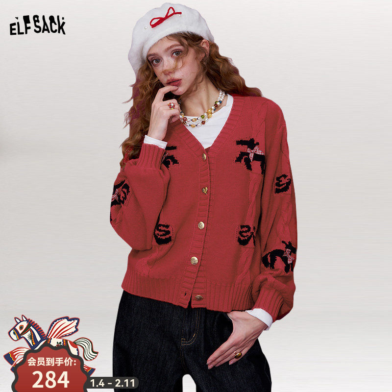 妖精的口袋甜美蝴蝶结小马针织开衫女2026春新款新年战袍红色毛衣