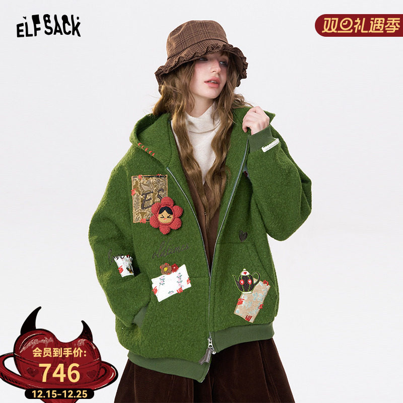妖精的口袋【100%羊毛】趣味贴布毛呢外套女2025年冬新款圣诞