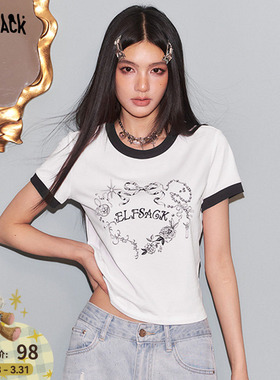 妖精的口袋白色印花短袖t恤女2025年夏季新款设计感修身短款上衣