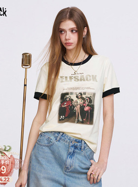 妖精的口袋美式印花白色短袖t恤女2026年夏新款宽松小众短款上衣