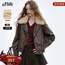 妖精 高级感保暖皮夹克 口袋大毛领咖色皮衣外套女2025年秋冬新款