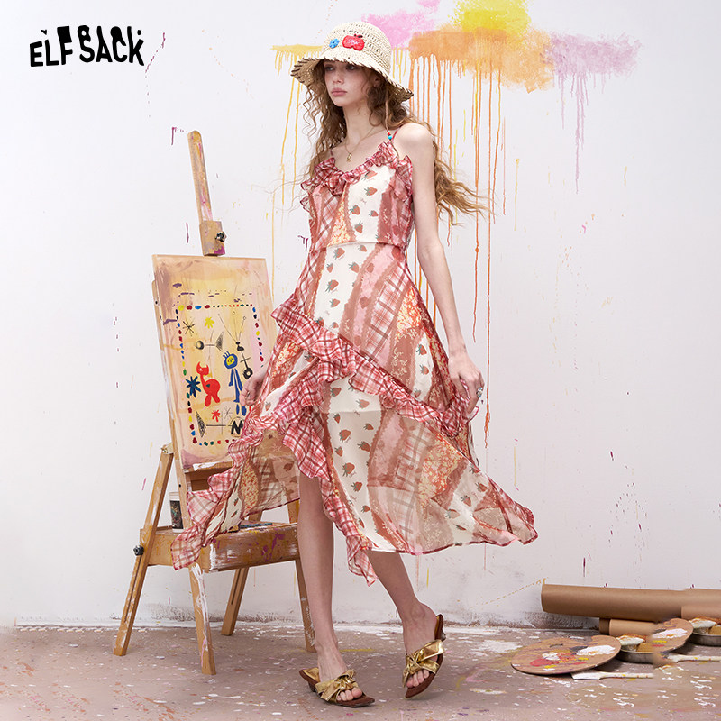 妖精的口袋草莓印花荷叶边拼接连衣裙女2026春夏新款甜美吊带裙