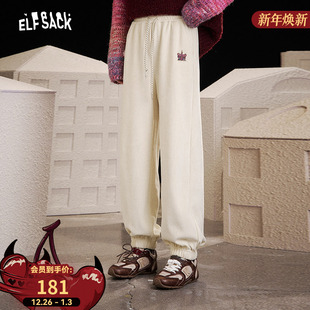 慵懒风休闲萝卜裤 女2025年秋冬新款 子 口袋白色印花休闲卫裤 妖精