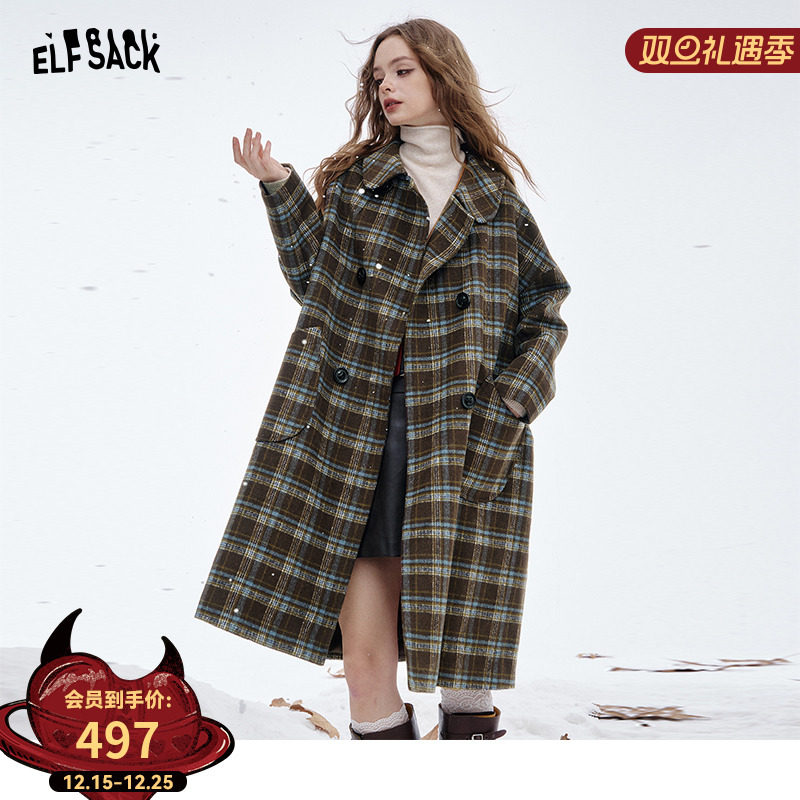 妖精的口袋格纹撞色娃娃领长款毛呢外套女2025冬季新款甜美呢大衣