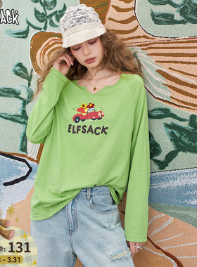 妖精的口袋绿色v领印花长袖t恤女2025年夏季新款休闲松弛感上衣