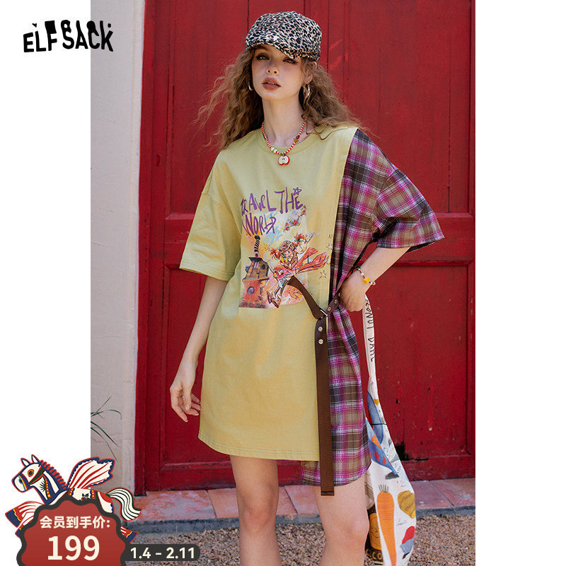 妖精的口袋原创印花格纹拼接连衣裙2025年夏新款设计感休闲t恤裙
