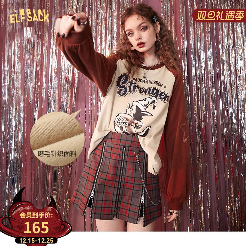 妖精的口袋插肩印花长袖t恤女2025冬季新款内搭圣诞穿搭红色上衣