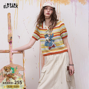 新款 妖精 女2026夏季 针织衫 设计感上衣 口袋多巴胺条纹Polo领短袖