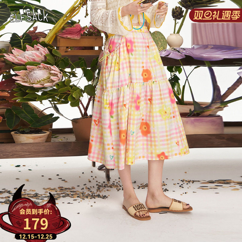 妖精的口袋格子碎花半身裙女2025年夏季新款小个子度假风a字长裙