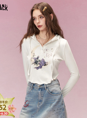 妖精的口袋白色印花连帽t恤女2026早春新款内搭修身显瘦小众上衣