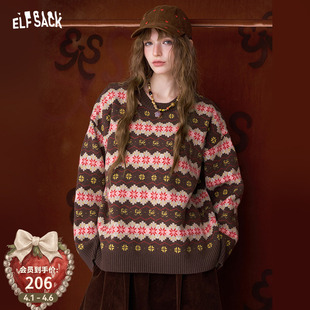 慵懒风费尔岛毛衫 口袋复古咖色宽松厚毛衣女2026春秋新款 妖精