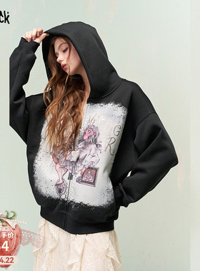 妖精的口袋原创插画满印黑色连帽外套女2026早春新款宽松卫衣外套