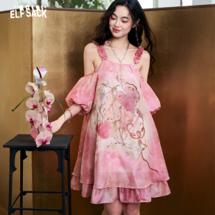 妖精的口袋亮闪提花粉色露肩连衣裙女2026夏季新款甜美雪纺吊带裙