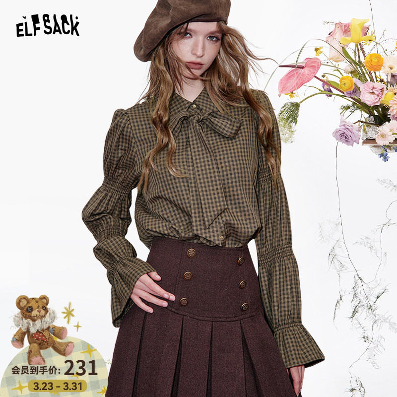 妖精的口袋【可拆卸系带】复古格子衬衫女2026早春新款miu系衬