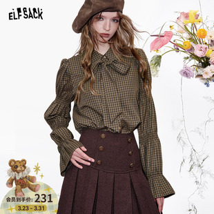 女2026早春新款 妖精 复古格子衬衫 可拆卸系带 miu系衬衣 口袋
