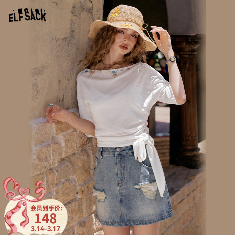 妖精的口袋后背镂空系带白色短袖t恤女2025年夏季新款设计感上衣