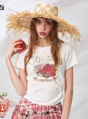 妖精的口袋白色印花抽褶短袖t恤女2026夏季新款修身显瘦短款上衣