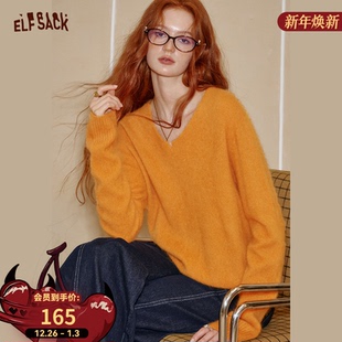 口袋黄色v领新年毛衣女25秋冬新款 妖精 慵懒风软糯 94%绵羊毛