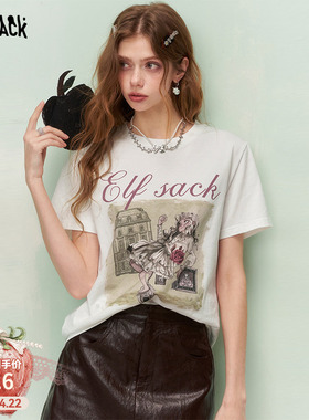 妖精的口袋白色印花正肩短袖t恤女2026年夏季新款设计感小众上衣