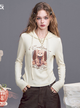 妖精的口袋白色印花连帽长袖t恤女2026年新款早春穿搭设计感修身