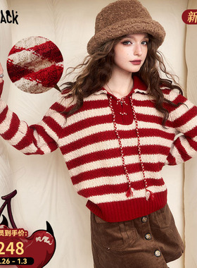 妖精的口袋红色条纹慵懒风毛衣女2025年冬季新款显瘦上衣新年穿搭