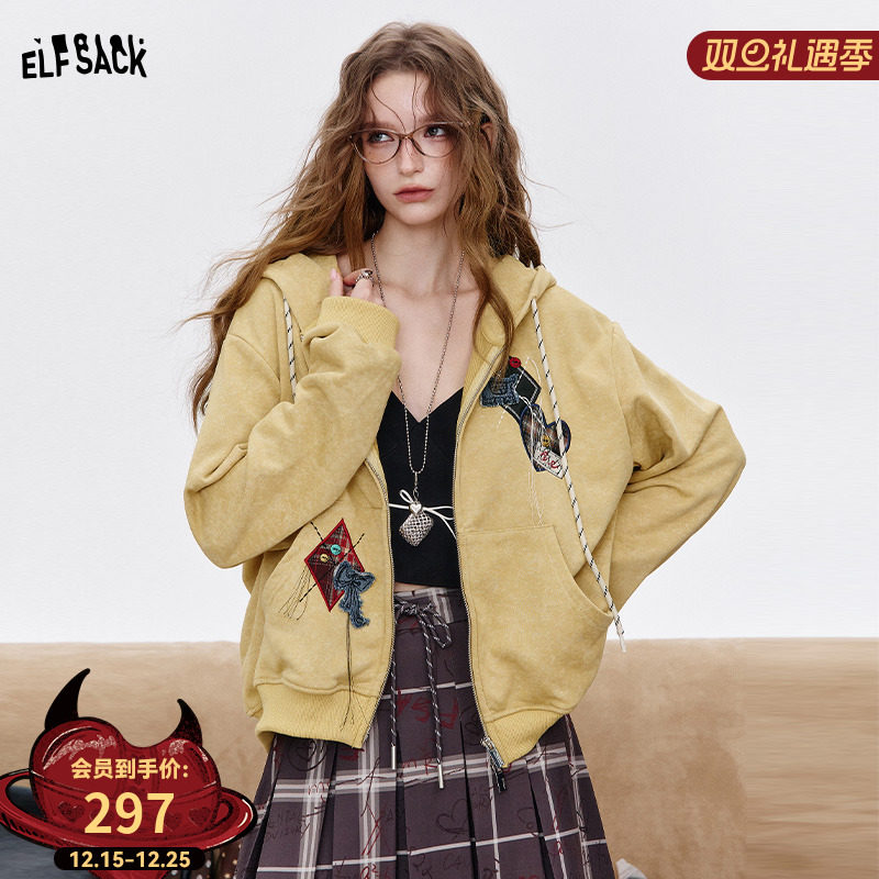 妖精的口袋复古刺绣连帽卫衣外套女2025年秋季新款宽松短款上衣