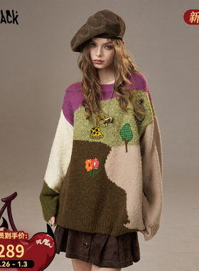 妖精的口袋趣味刺绣撞色宽松毛衣女2025年秋冬新款设计感新年穿搭