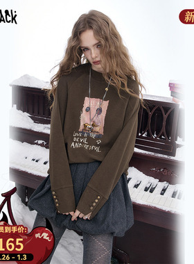 妖精的口袋复古咖色印花长袖t恤女2025冬新款半高领宽松内搭上衣