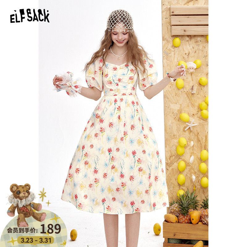 妖精的口袋泡泡袖碎花收腰连衣裙女2026年夏季新款甜美法式长裙子