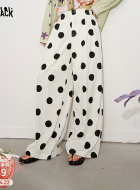 妖精的口袋白色波点休闲阔腿裤2026年春秋新款宽松休闲显瘦裤子