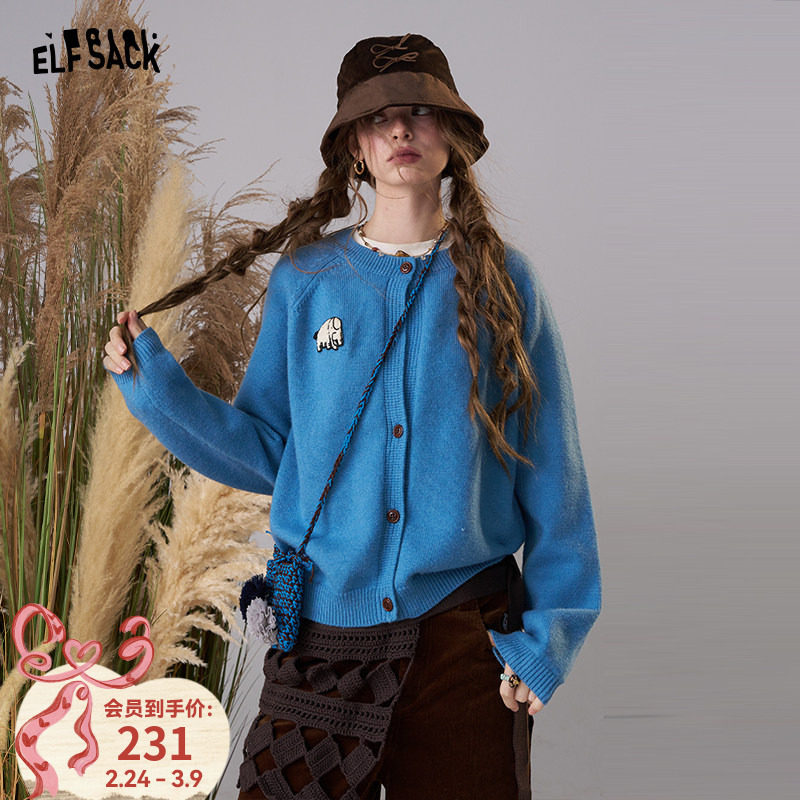 妖精的口袋萌宠绣花圣诞毛衣女2025秋冬新款仿羊绒蓝色甜美内搭