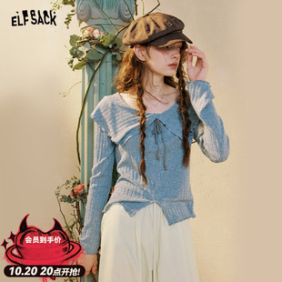 妖精的口袋大翻领针织衫女2026年早秋新款修身显瘦设计感薄款上衣