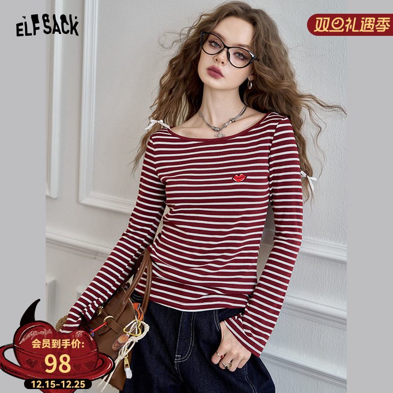 妖精的口袋刺绣条纹宽松长袖t恤女2025冬新款显瘦打底衫红色上衣