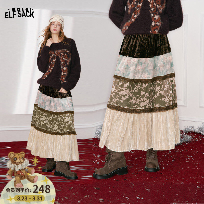 妖精的口袋复古宫廷风丝绒拼接半身裙女2026年冬季新款中长款裙子