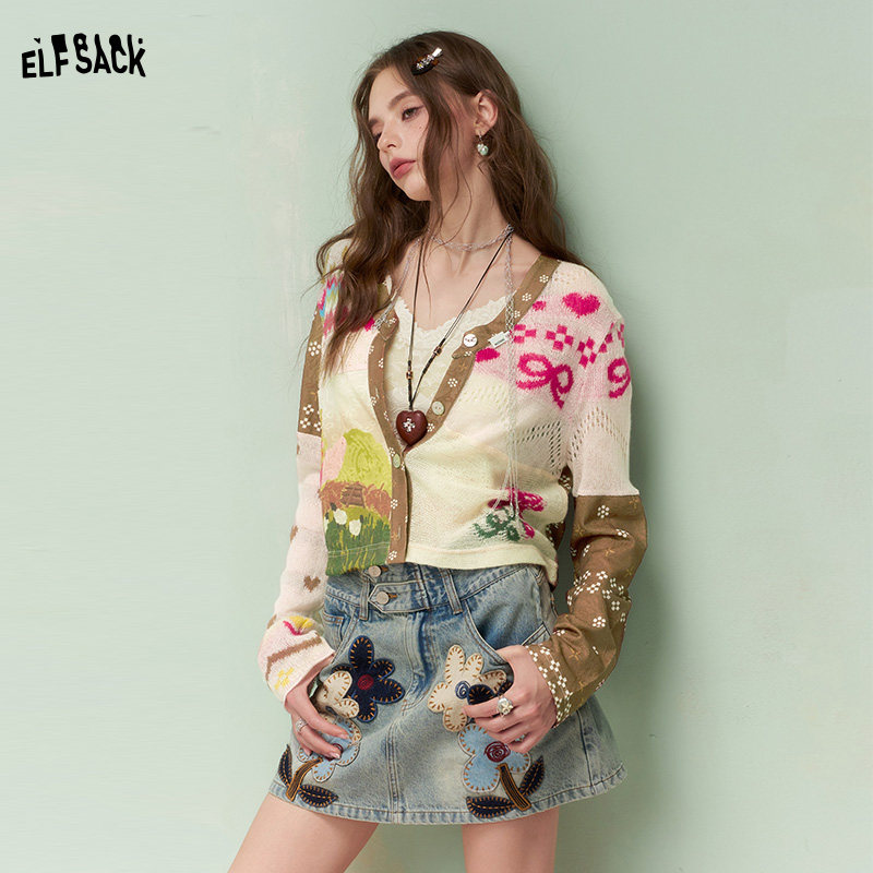 妖精的口袋撞色拼接印花针织开衫女2026年早春新款设计感小众上衣