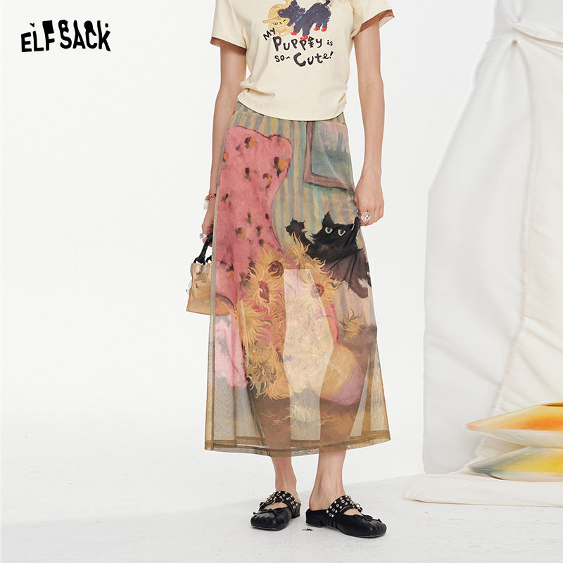 妖精的口袋原创猫咪印花半身裙女2025年夏季新款设计感网纱长裙子