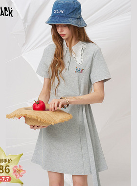 妖精的口袋字母刺绣灰色miu系连衣裙女2026夏季新款收腰减龄T恤裙