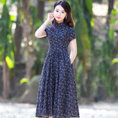 高端气质碎花复古中国风裙子 年轻款 筠雅改良旗袍短袖 连衣裙女夏季